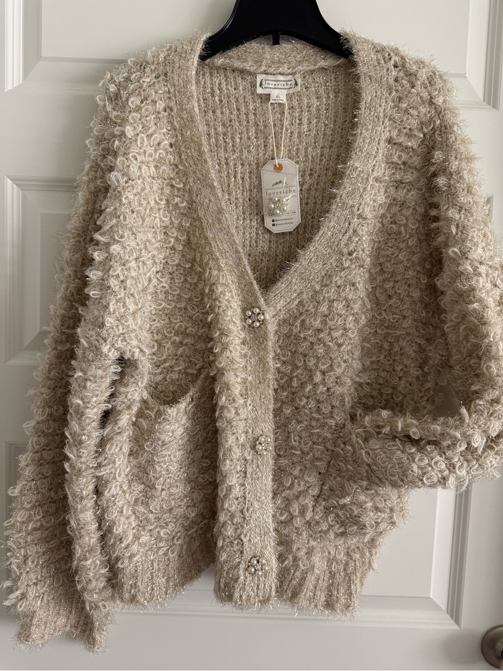 NWT Love Riche Cream Loop-Knit V-Neck Cardigan Sweater with embellished buttons